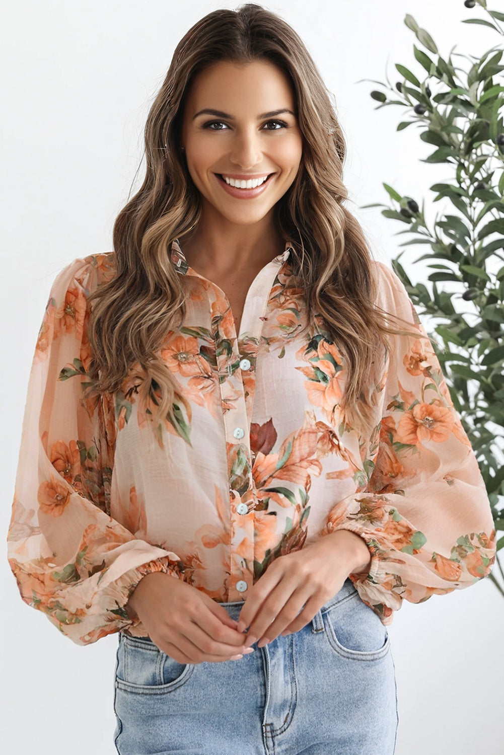 Floral Puff Sleeve Lightweight Shirt