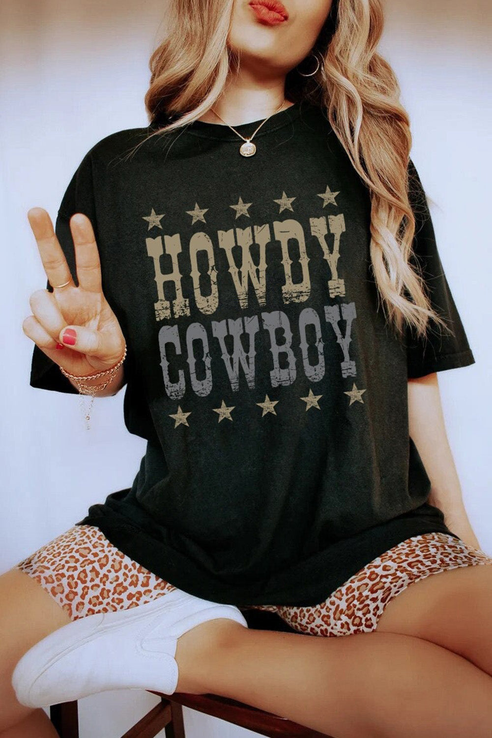 HOWDY COWBOY Star Print Crew Neck Loose T Shirt