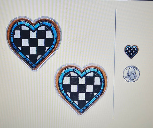 Checkered Pattern Heart Tooled Leather Earring