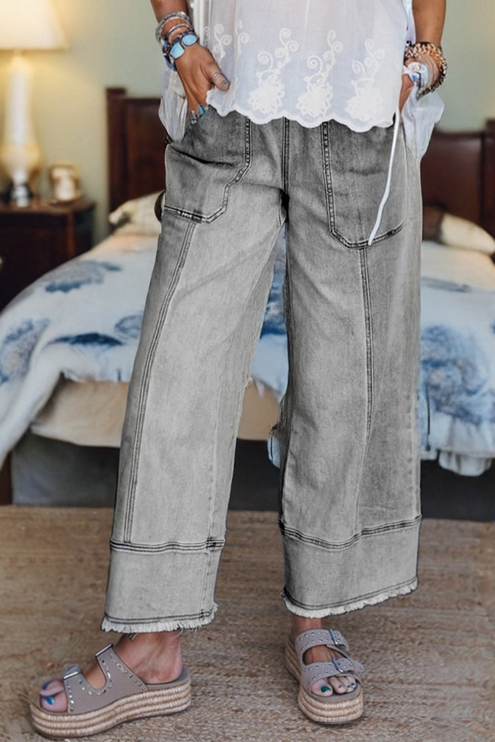 Drawstring Raw Hem Wide Leg Denim Crop Pant