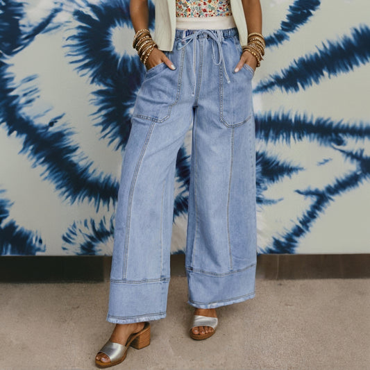Drawstring Raw Hem Wide Leg Denim Pants