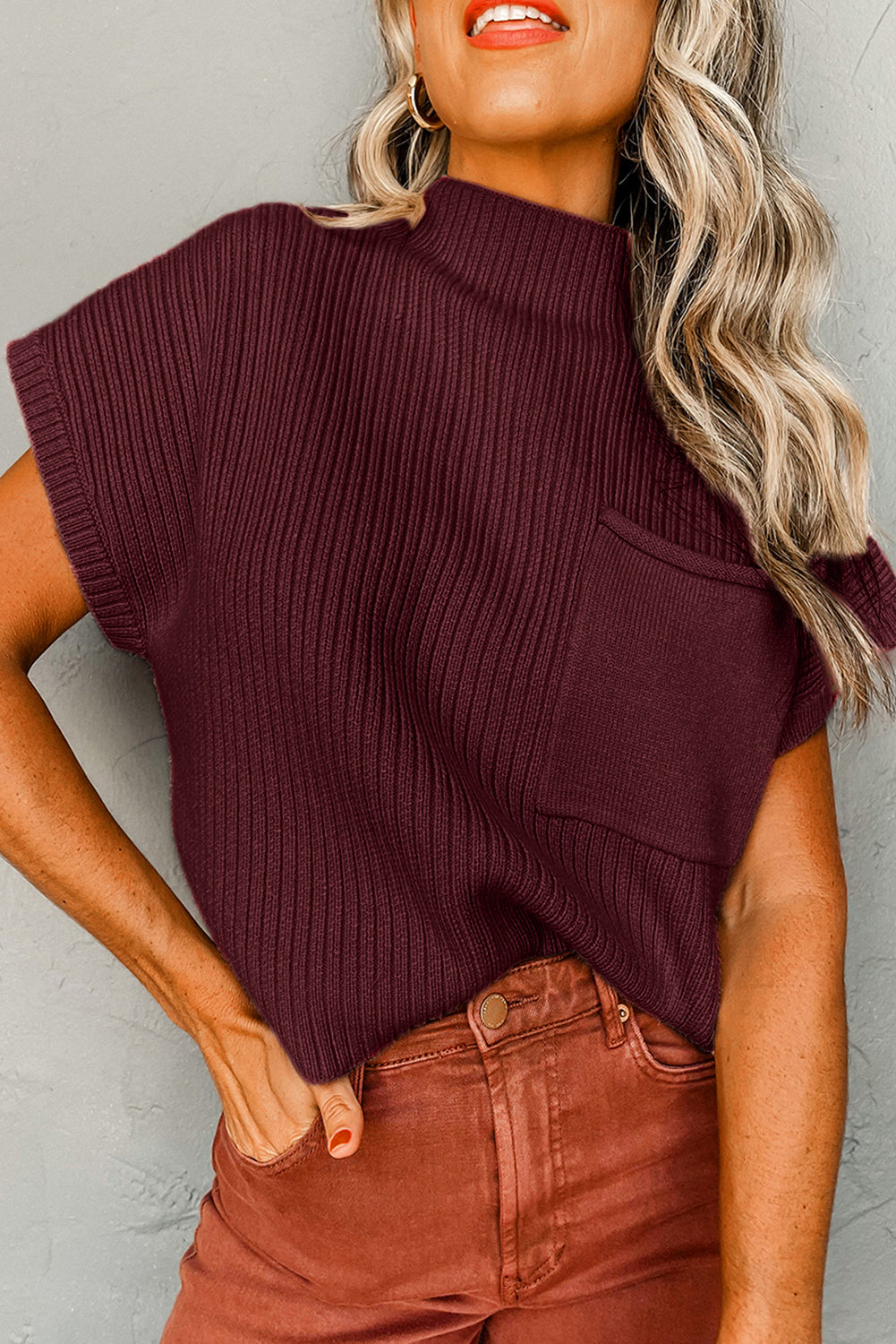Patch Pocket Ribbed Knit Short Sleeved Sweater