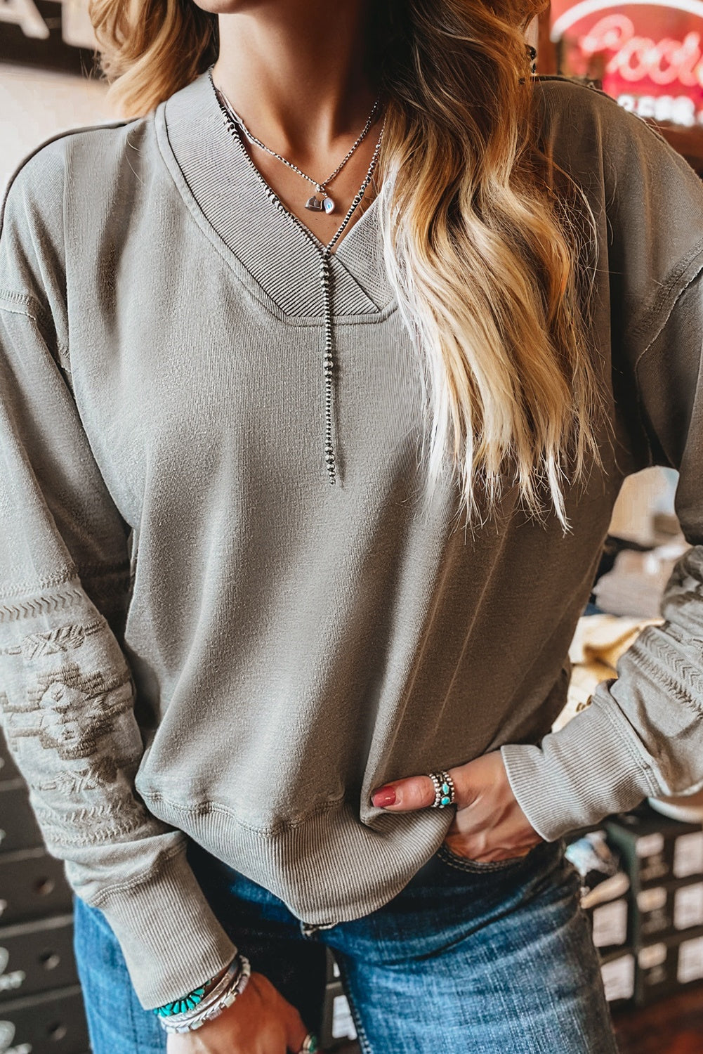 Aztec Embroidered Western V Neck Sweatshirt