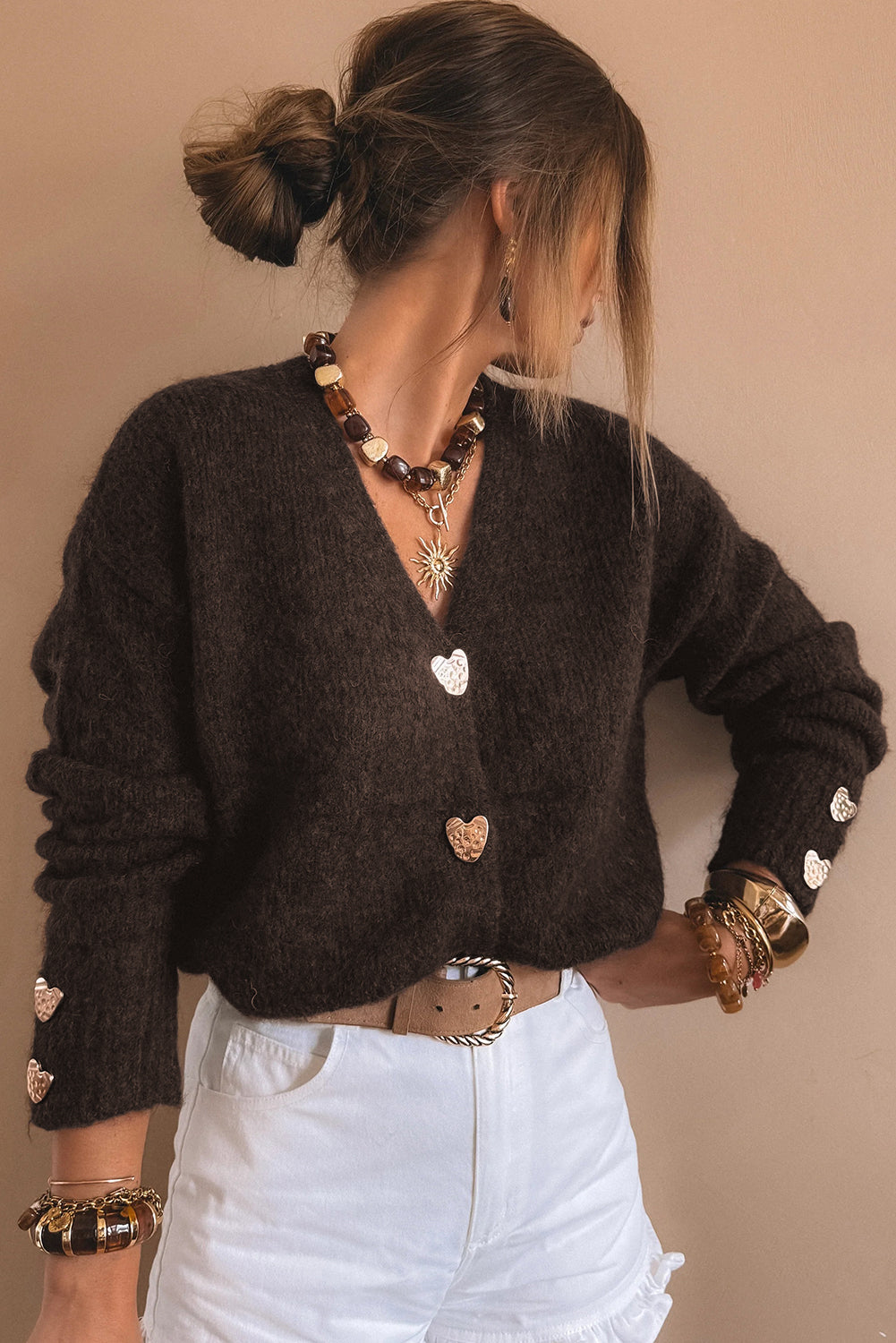 Coffee Heart Metal Button V Neck Cardigan Sweater