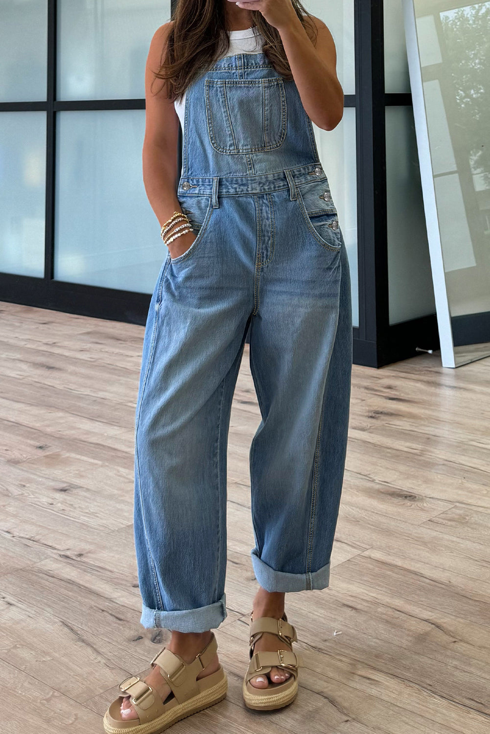 Adjustable Buckle Barrel Denim Overalls