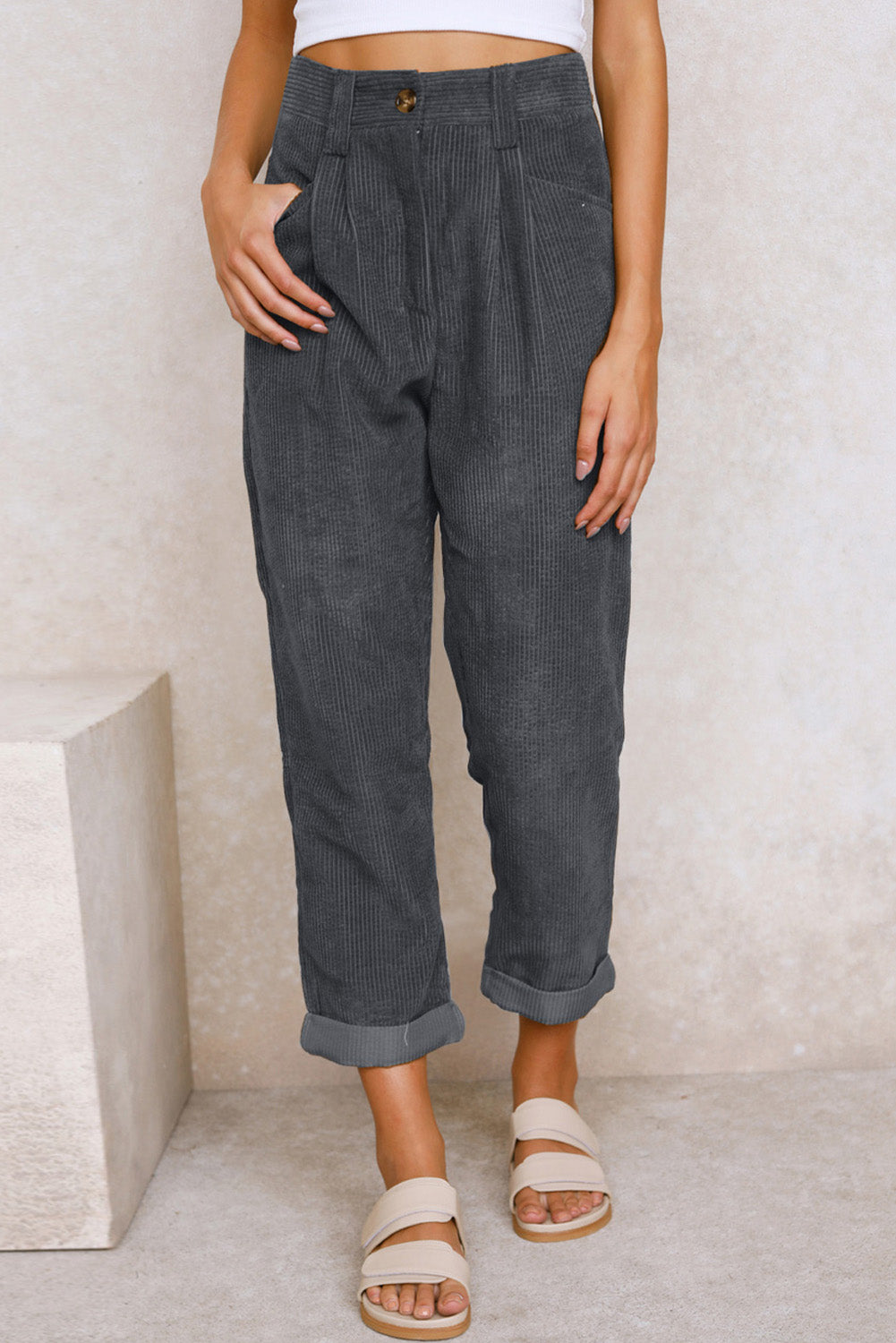 Grey Corduroy High Waiste Pant