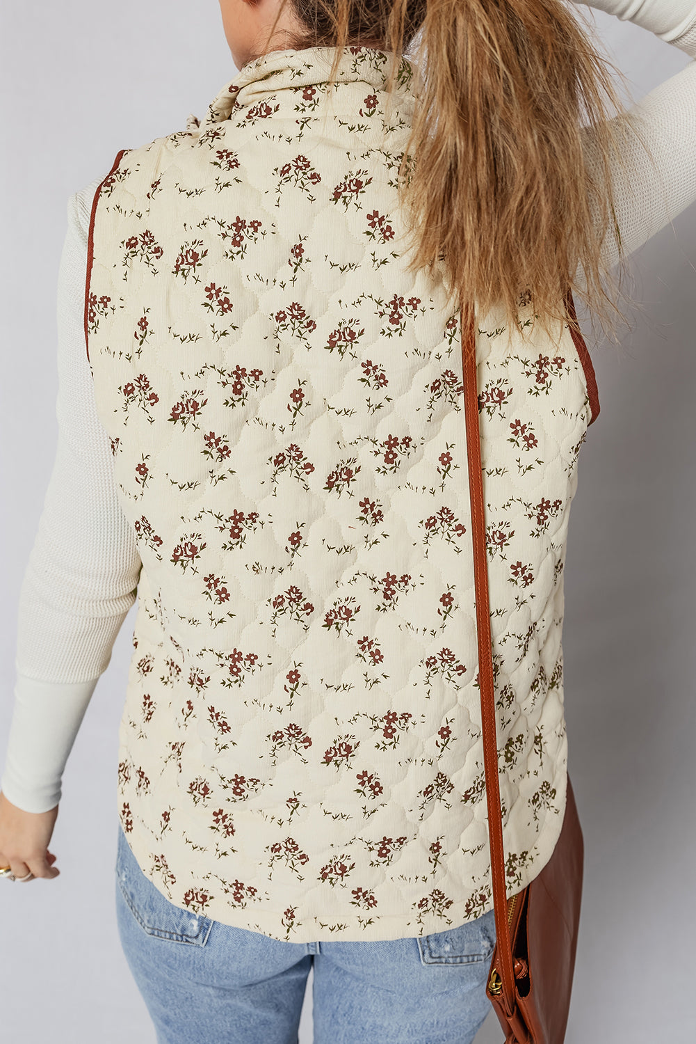 Floral Print Zip Up Quilted Vest